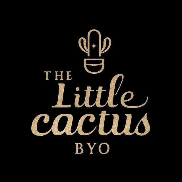 The Little Cactus BYO logo with minimalist cactus icon in tan color on black background