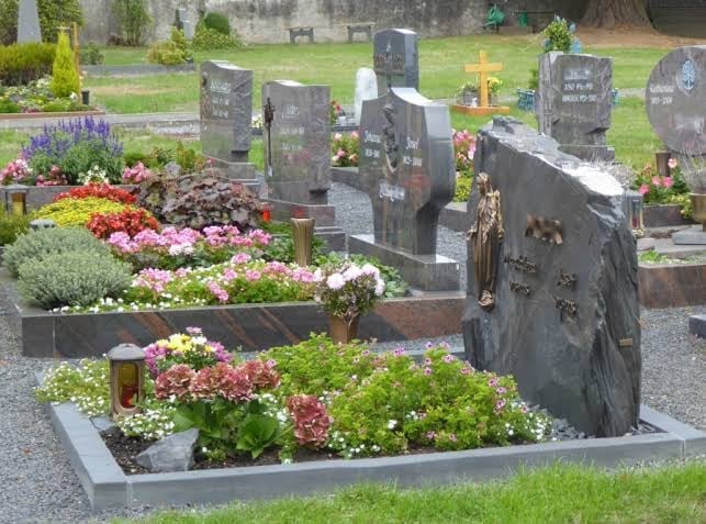 Cemetery with multiple graves decorated with colorful flowers and plants on green grass